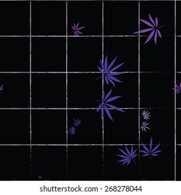 Abstract seamless pattern with cannabis leaves and grid