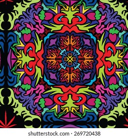 Abstract seamless pattern with cannabis leaves and mandala