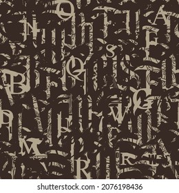 Abstract seamless pattern with capital Gothic letters and curlicues on a brown backdrop. Vector background with ornate Latin letters in grunge style. Suitable for wallpaper, wrapping paper, textile