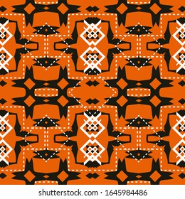 Abstraktes nahtloses Muster mit Teppichverzierungen. Orangefarbene und schwarze Farbpalette. Vektorillustration