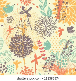 Abstract seamless pattern. Cartoon birds in flowers in vector. Summer background