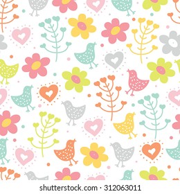 Abstract seamless pattern. Cartoon birds in flowers in vector. Seamless pattern can be used for wallpaper, pattern fills, web page background, surface textures.