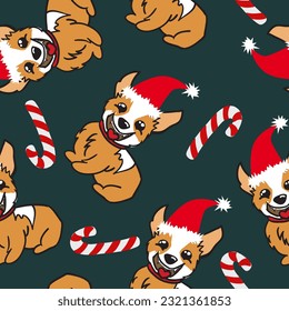abstract seamless pattern with cartoon christmas corgi dogs and stone. background for textiles, fabrics, web, wallpaper, bed linen, wrapping paper, postcard, phone case.