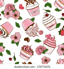 Abstract seamless pattern of cartoon cupcakes and flowers