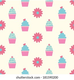 Abstract seamless pattern of cartoon cupcakes and flowers 