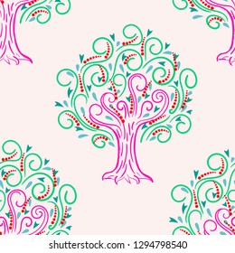 Abstract seamless pattern with cartoon curly apple tree, background. Vector illustration.  
