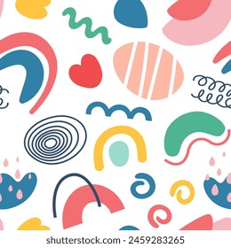 Abstractas patrón sin fisuras en diseño de dibujos animados sobre un fondo blanco. Elementos aislados dibujados a mano brillante en estilo plano. Ilustración vectorial.
