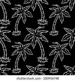 Abstract seamless pattern with cartoon drawing tropical coconut palm trees in black and white. Floral monochrome repeating background. Endless print texture. Fabric design. Wallpaper - vector 