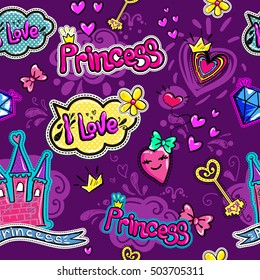 Abstract seamless pattern with cartoon elements hearts, castle, clouds,hearts,crown. Repeated backdrop for girls, fashion, childish clothes. . Comic  patch badges, set elements on girlish wallpaper. 