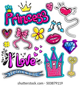 Abstract seamless pattern with cartoon elements hearts, castle, clouds,hearts,crown, bow. Repeated backdrop for girls, fashion, childish clothes. Comic patch badges, set elements on girlish wallpaper.