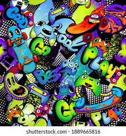 Abstract seamless pattern cartoon gamepad character with happy emotion, eye, throat. Skateboard dude, Graffiti words drawing in street style on textured  Grunge repeats background for sport textile.