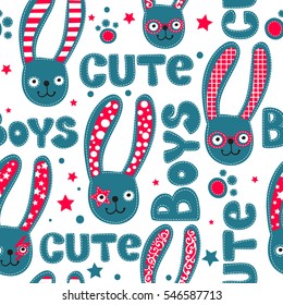 Abstract seamless pattern with cartoon had rabbits, text cute, boys, stars. Animals repeated backdrop on white background with character art in bright colors. Childish cute wallpaper for child, guys 
