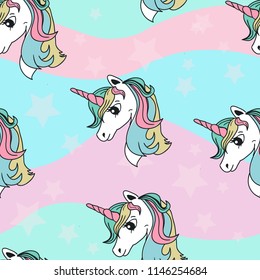 abstract seamless pattern with cartoon heads of unicorns and stars on divorce. background for textiles, fabrics, web, wallpaper, bed linen, wrapping paper, postcard, phone case.