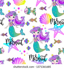 Abstract seamless pattern with cartoon mermaid.