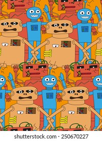 Abstract seamless pattern with cartoon robots in bright color. Vector illustration.