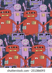 Abstract seamless pattern with cartoon robots in bright color. Vector illustration.