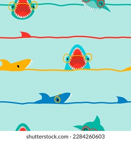 Abstract seamless pattern with cartoon shark on lines background. Kid sharks repeat print. Big fish cover ornament