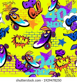 Abstract seamless pattern cartoon skateboard characters on grunge brick wall background, street art comics lettering. Comics dude repeat print.