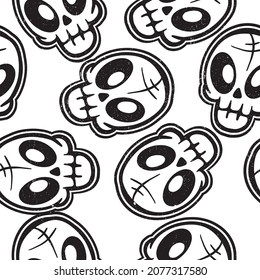 Abstraktes, nahtloses Muster mit Cartoon-Skullen einzeln auf weißem Hintergrund. Für Jungen und Mädchen. Illustration für Textilien, Drucke, Web. Moderner brüchiger Hintergrund