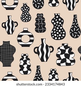 Abstract seamless pattern with cartoon vases isolated on a beige background. Vector illustration