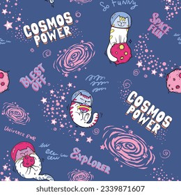 Abstract seamless pattern with cat cosmonaut, universe background, stars, planets. Cosmic repeat print.