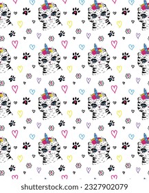 Abstract seamless pattern with Cat unicorn, hearts, flowers, paws. Cute cartoon kitten face repeat print. Smiling cat face with anime eyes.