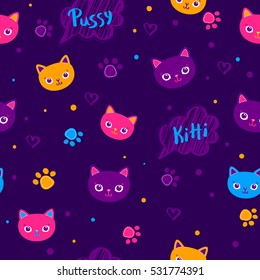 Abstract seamless pattern with cats had for fashion clothes, t shirt, girls, teenagers. Kitty repeated backdrop on purple background with character art pussy in bright colors. Childish wallpaper. 