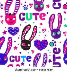 Abstract seamless pattern with cats had for fashion clothes, t shirt, girls, teenagers. Rabbits repeated backdrop on white background with character art in bright colors. Childish wallpaper. 
