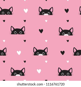 Abstract seamless pattern with cats and hearts. he with black cats for cloth, textiles, clothes, wallpaper, wrapping paper, backpacks, web