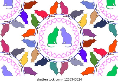 Abstract seamless pattern with cats  hearts  