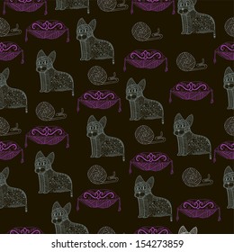 Abstract seamless pattern with cats, pillows and cotton. 