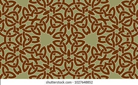 Abstract seamless pattern with celtic knot ornament of brown, khaki, and white shades