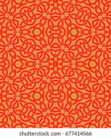 Abstract seamless pattern with celtic knot ornament of red, golden and white shades
