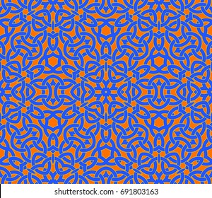 Abstract seamless pattern with celtic knot ornament of blue, orange and yellow shades