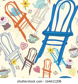 Abstract seamless pattern with chairs, cups, flowers and hearts, vector