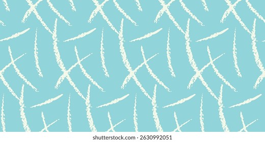 Abstract seamless pattern with chalk strokes, brush strokes, freehand hatching. Simple surface design, graphic print in two colors. Random strokes, jerky lines on blue background. Vector illustration.