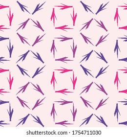 Abstract seamless pattern with chaotic arrow and shabby shape, dots, lines. Colourful elements on dark purple wall.  The texture of the paint. Multi-colored pens.