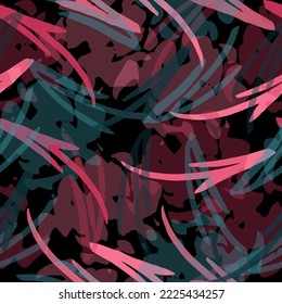 Abstract seamless pattern with chaotic arrow and shabby shape, dots, lines. Gradient colors background. 