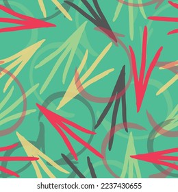 Abstract seamless pattern with chaotic arrow and shabby shape, dots, lines. Gradient colors background. 