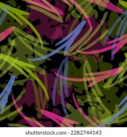 Abstract seamless pattern with chaotic arrow and shabby shape, dots, lines. Gradient colors background. 