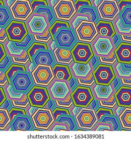 Abstract seamless pattern with chaotic hexagon. Repeated backdrop with colourful elements. Vector illustration. Trendy design with geometric shapes. Stylish print which can be used for cover, card