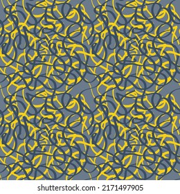 Abstract seamless pattern. Chaotic interweaving of yellow and dark endless stripes on a gray background. Vector.