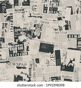Abstract seamless pattern with chaotic layering of unreadable newspaper text, illustrations and titles on an old paper backdrop. Monochrome vector background, Wallpaper, wrapping paper, fabric design