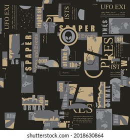 Abstract seamless pattern with chaotic layering of newspaper and magazine clippings on a black backdrop. Creative vector background on an alien theme, suitable for wallpaper, wrapping paper, fabric