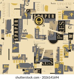 Abstract seamless pattern with chaotic layering of newspaper and magazine clippings on an alien theme. Creative vector background in grunge style, suitable for wallpaper, wrapping paper, fabric design