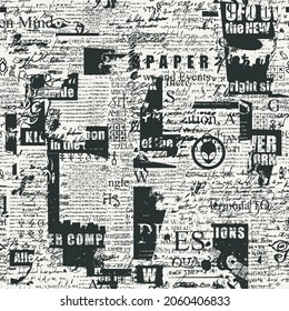 Abstract seamless pattern with chaotic layering of unreadable newspaper fragments and handwritten scribbles on an old paper. Monochrome vector background, Wallpaper, wrapping paper, fabric design