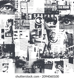 Abstract seamless pattern with chaotic layering of newspaper text, illustrations, headlines in a grunge style. Black and white vector background. Suitable for wallpaper, wrapping paper, fabric design