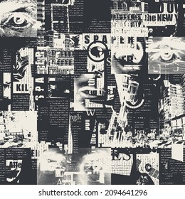 Abstract seamless pattern with chaotic layering of newspaper and magazine clippings. Monochrome vector background with illegible text, illustrations and headlines . Wallpaper, wrapping paper, fabric