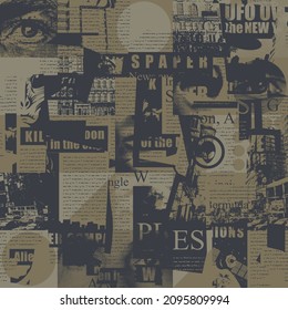 Abstract seamless pattern with chaotic layering of newspaper text, headlines , illustrations. Suitable for wallpaper, wrapping paper, fabric design. Creative vector background in the grunge style