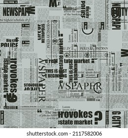 Abstract seamless pattern with chaotic layering of illegible newspaper text and titles on a grey backdrop. Monochrome vector background in retro style, wallpaper, wrapping paper or fabric design